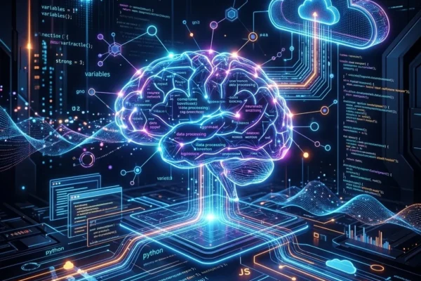 An abstract digital representation illustrating the best programming languages in 2026, including AI and cloud technologies.