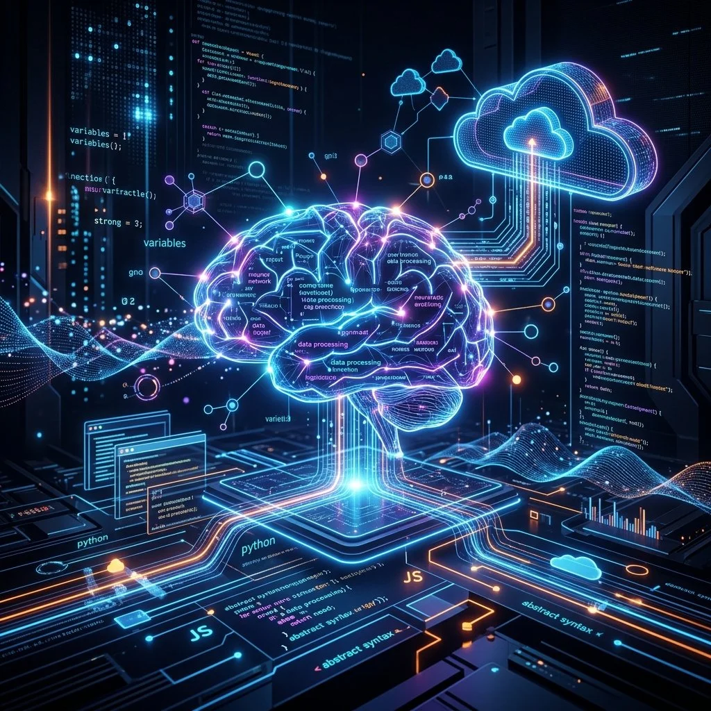 An abstract digital representation illustrating the best programming languages in 2026, including AI and cloud technologies.